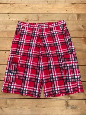 Y2K Beyond The Limit Plaid Red Cargo Shorts with Utility Pockets